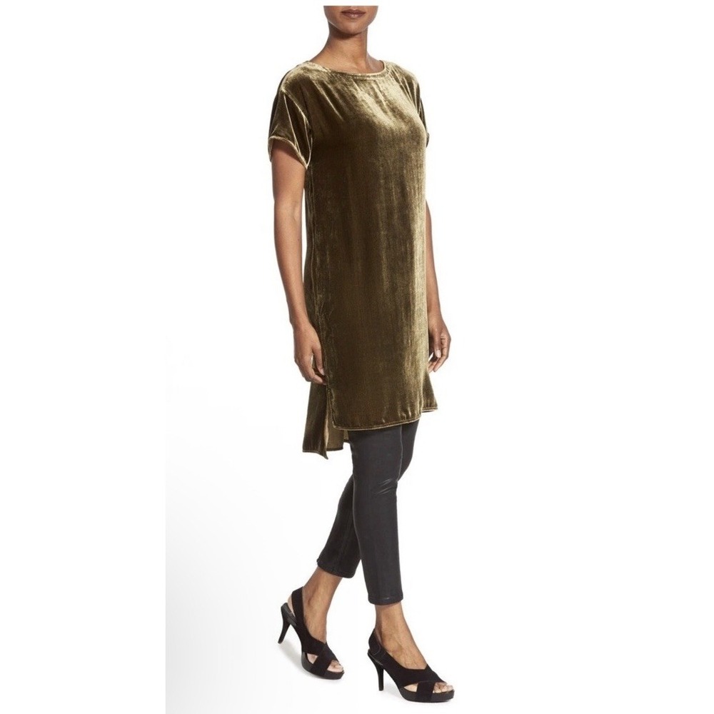 Eileen Fisher Velvet Bateau Neck Tunic Dress High-Low Hem Olive Green Size Large